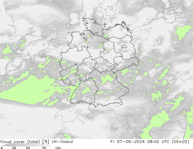 Bewolking (Totaal) UK-Global vr 07.06.2024 08 UTC