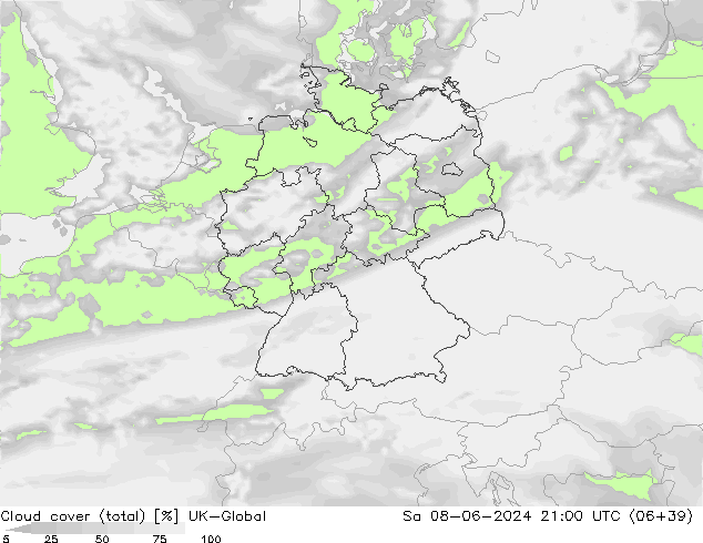 Bewolking (Totaal) UK-Global za 08.06.2024 21 UTC