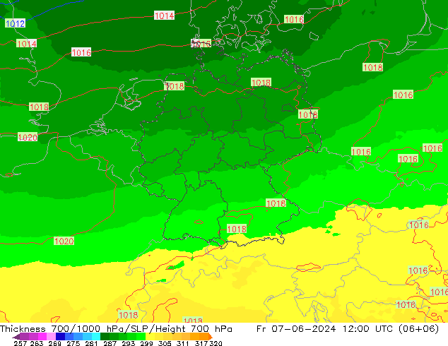 Schichtdicke 700-1000 hPa UK-Global Fr 07.06.2024 12 UTC