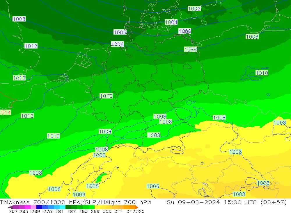 Thck 700-1000 hPa UK-Global dom 09.06.2024 15 UTC