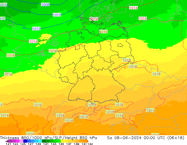 Dikte 850-1000 hPa UK-Global za 08.06.2024 00 UTC