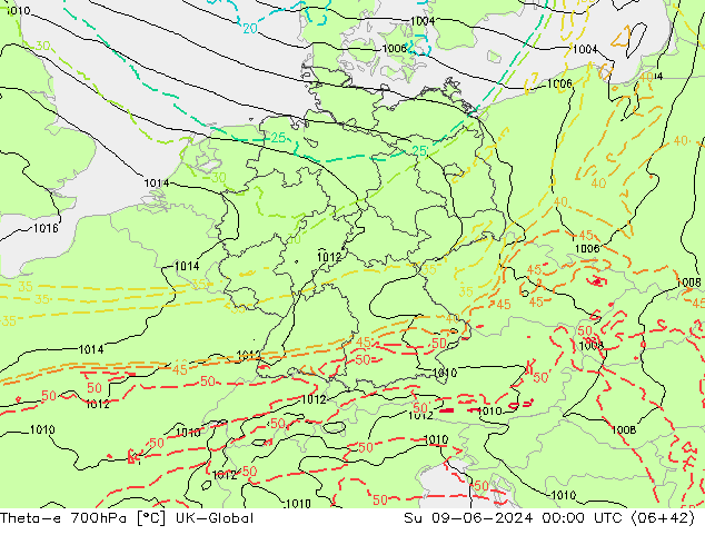Theta-e 700hPa UK-Global Paz 09.06.2024 00 UTC