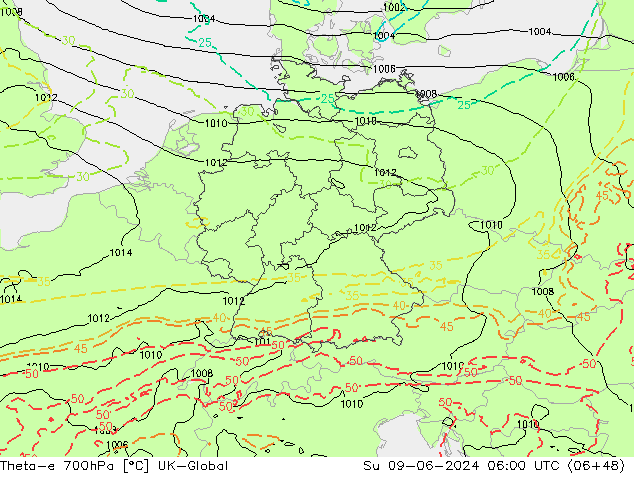 Theta-e 700hPa UK-Global Ne 09.06.2024 06 UTC
