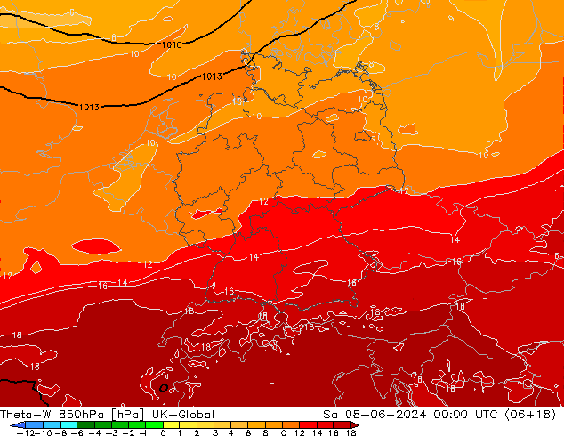 Theta-W 850hPa UK-Global za 08.06.2024 00 UTC