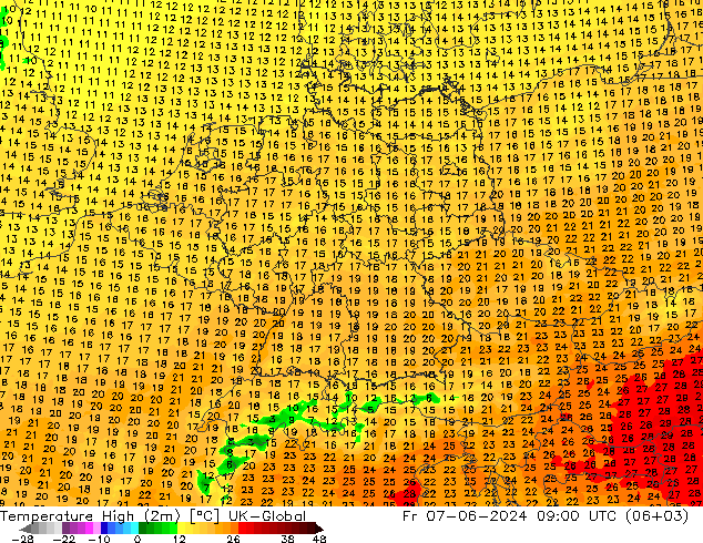 Temperatura máx. (2m) UK-Global vie 07.06.2024 09 UTC