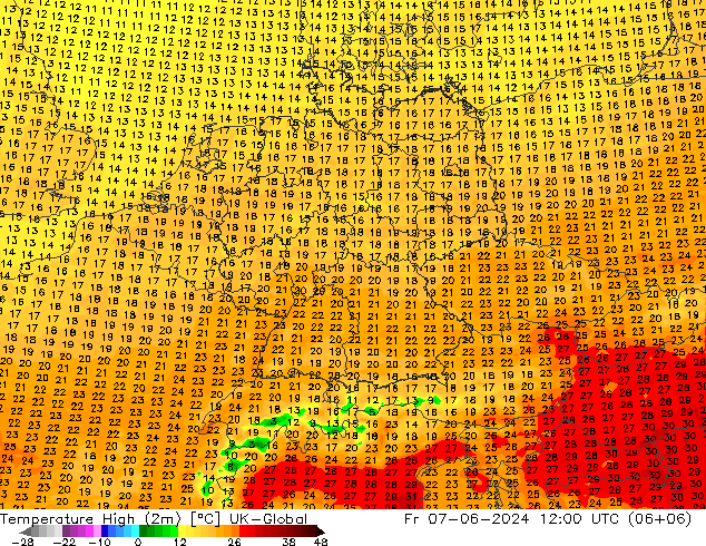 Temperature High (2m) UK-Global Fr 07.06.2024 12 UTC