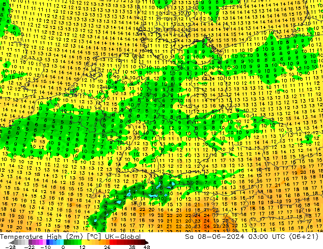 Max.temperatuur (2m) UK-Global za 08.06.2024 03 UTC