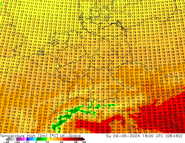 Temp. massima (2m) UK-Global dom 09.06.2024 18 UTC