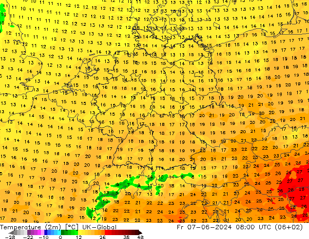 Temperatuurkaart (2m) UK-Global vr 07.06.2024 08 UTC