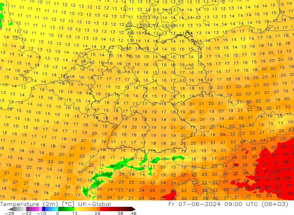 Temperatuurkaart (2m) UK-Global vr 07.06.2024 09 UTC