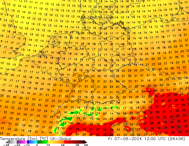 Temperaturkarte (2m) UK-Global Fr 07.06.2024 12 UTC