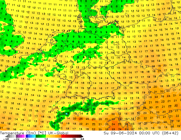 température (2m) UK-Global dim 09.06.2024 00 UTC