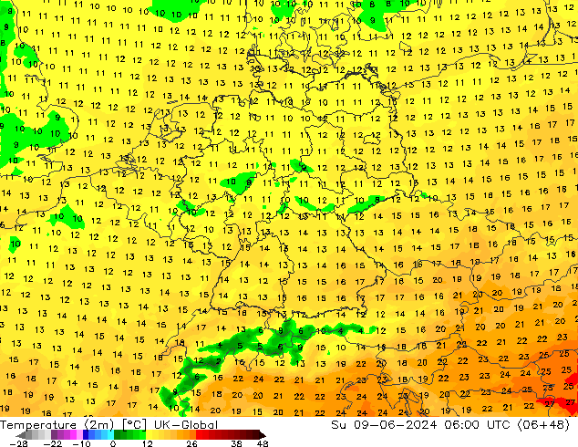 mapa temperatury (2m) UK-Global nie. 09.06.2024 06 UTC