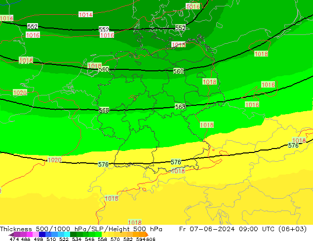 Dikte 500-1000hPa UK-Global vr 07.06.2024 09 UTC