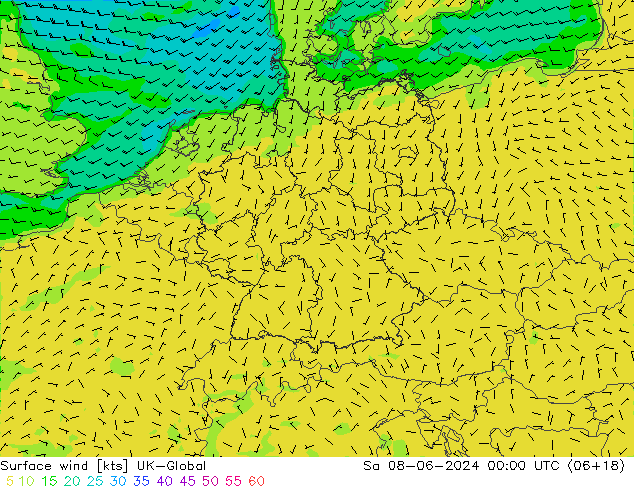 Wind 10 m UK-Global za 08.06.2024 00 UTC