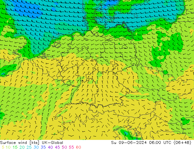 Surface wind UK-Global Su 09.06.2024 06 UTC