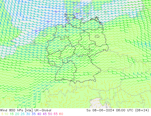 Wind 850 hPa UK-Global Sa 08.06.2024 06 UTC