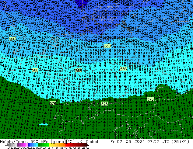 Height/Temp. 500 hPa UK-Global ven 07.06.2024 07 UTC