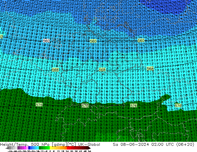 Height/Temp. 500 hPa UK-Global Sa 08.06.2024 02 UTC