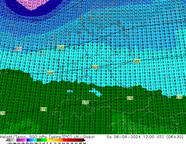 Height/Temp. 500 hPa UK-Global Sáb 08.06.2024 12 UTC