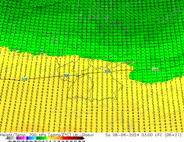 Height/Temp. 700 hPa UK-Global Sa 08.06.2024 03 UTC
