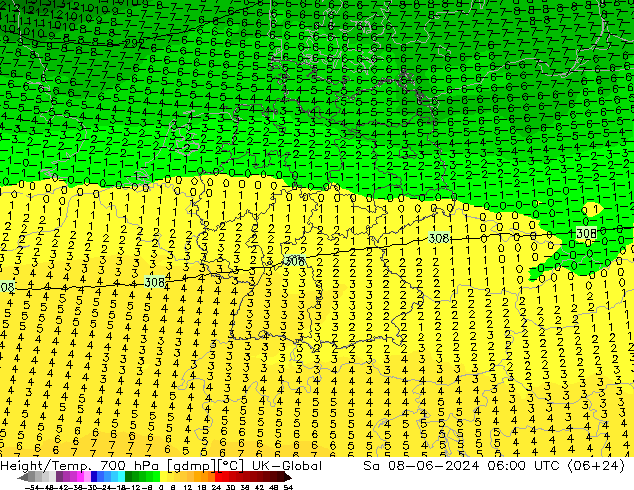 Height/Temp. 700 hPa UK-Global sab 08.06.2024 06 UTC