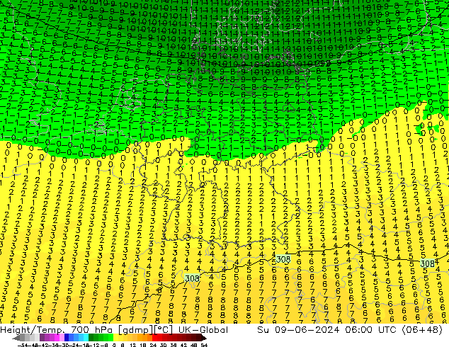 Height/Temp. 700 hPa UK-Global nie. 09.06.2024 06 UTC