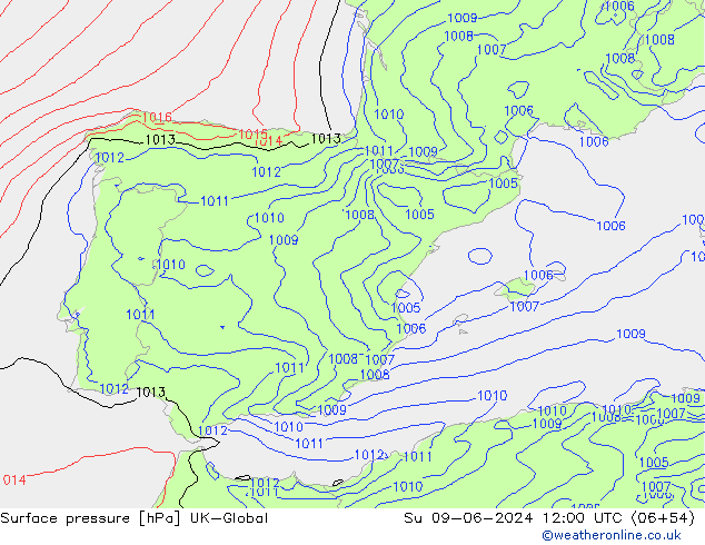 Presión superficial UK-Global dom 09.06.2024 12 UTC