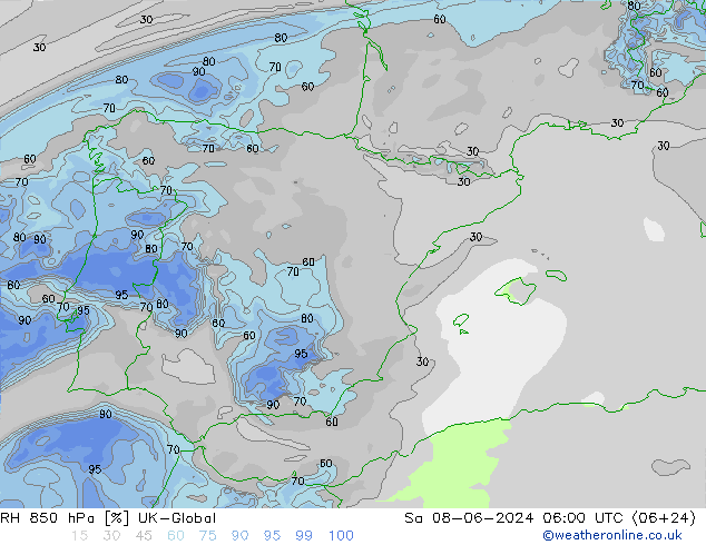 RH 850 гПа UK-Global сб 08.06.2024 06 UTC