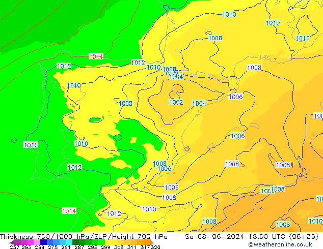 Thck 700-1000 hPa UK-Global Sáb 08.06.2024 18 UTC