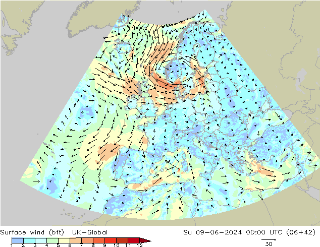 Surface wind (bft) UK-Global Su 09.06.2024 00 UTC