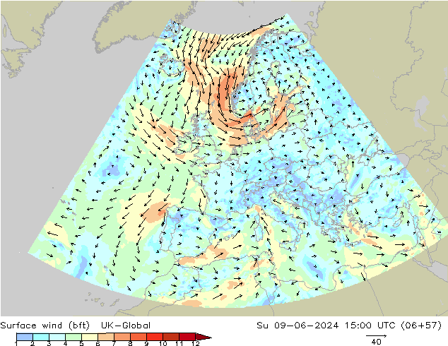 Vent 10 m (bft) UK-Global dim 09.06.2024 15 UTC