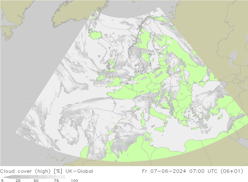 Cloud cover (high) UK-Global Fr 07.06.2024 07 UTC