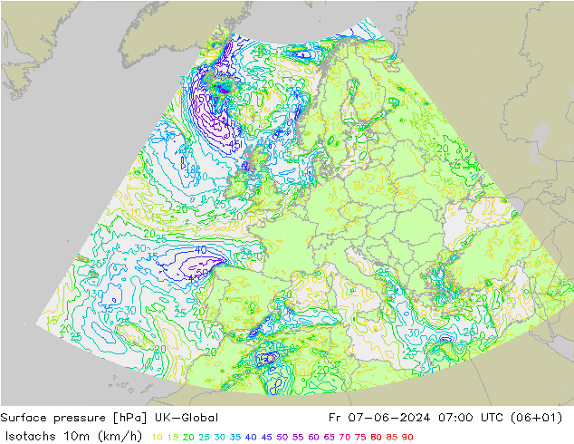 Isotachs (kph) UK-Global ven 07.06.2024 07 UTC