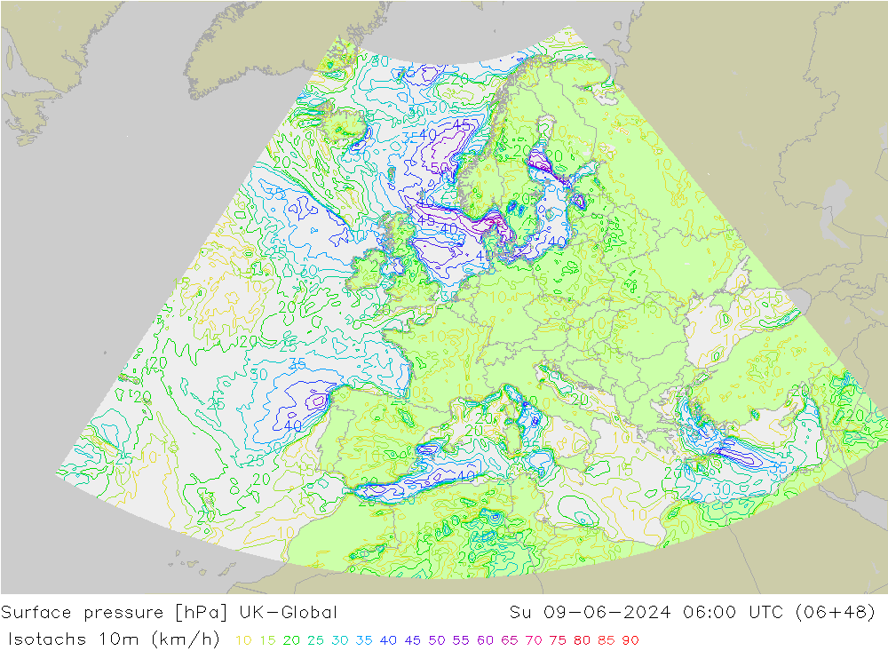 Isotachs (kph) UK-Global Вс 09.06.2024 06 UTC