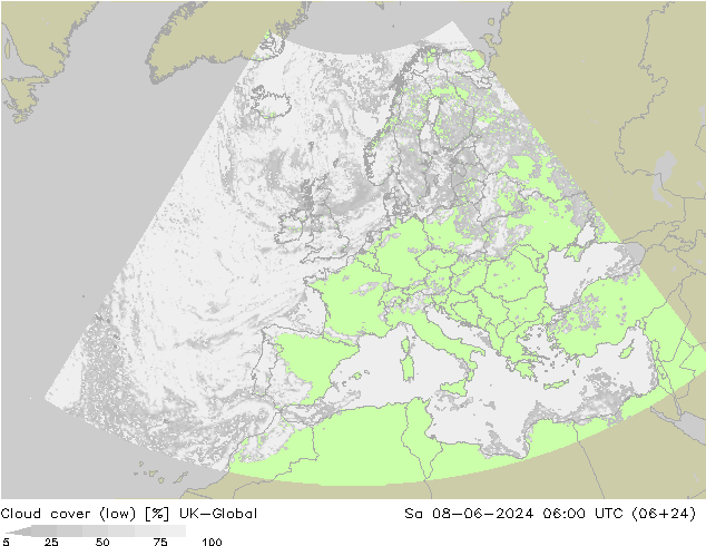 Bewolking (Laag) UK-Global za 08.06.2024 06 UTC