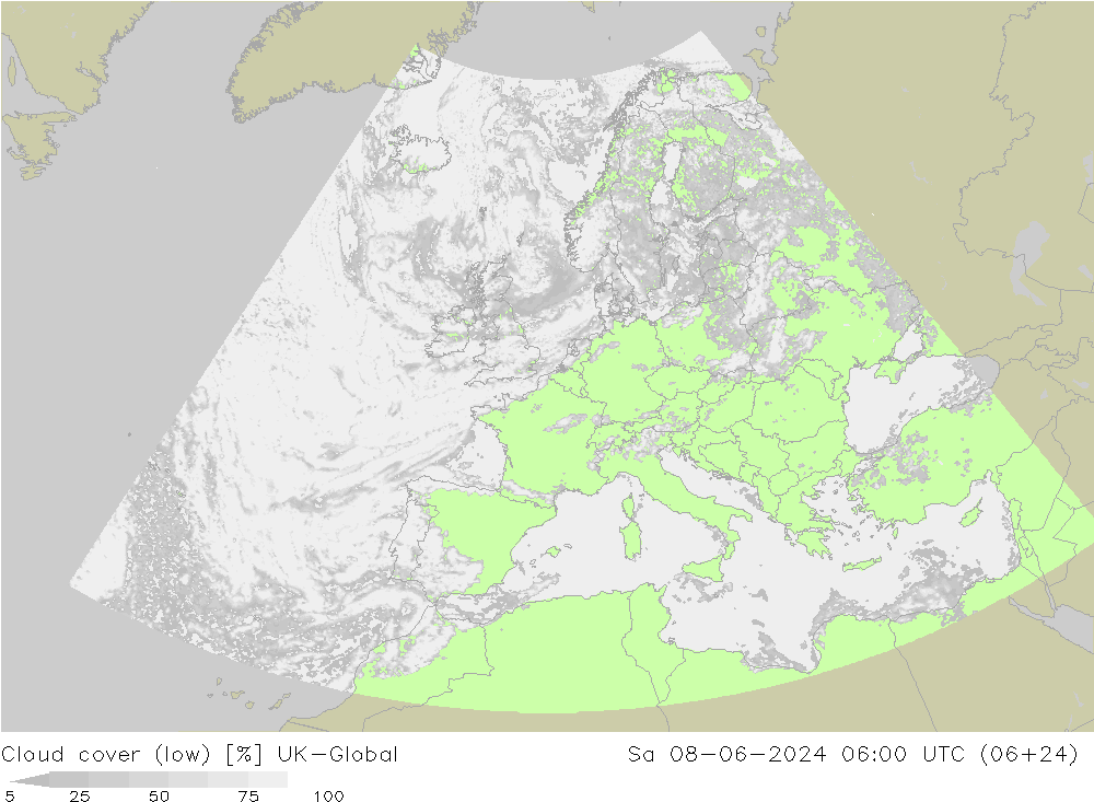 Bewolking (Laag) UK-Global za 08.06.2024 06 UTC