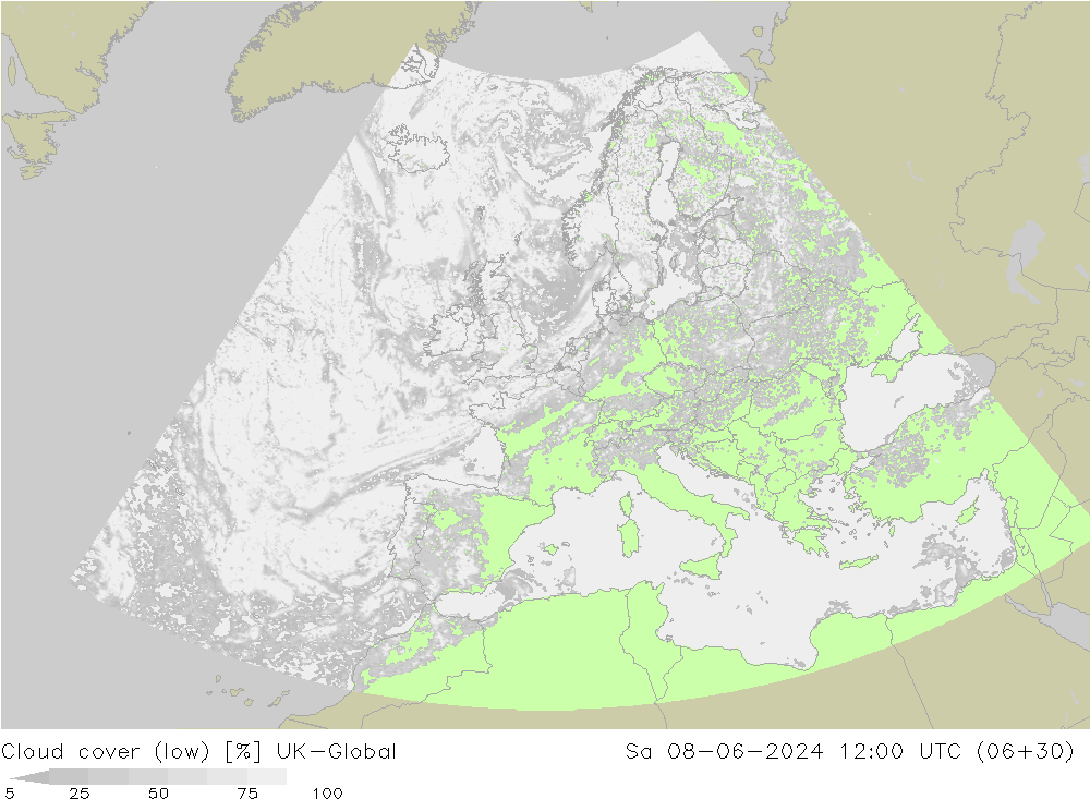 Cloud cover (low) UK-Global Sa 08.06.2024 12 UTC