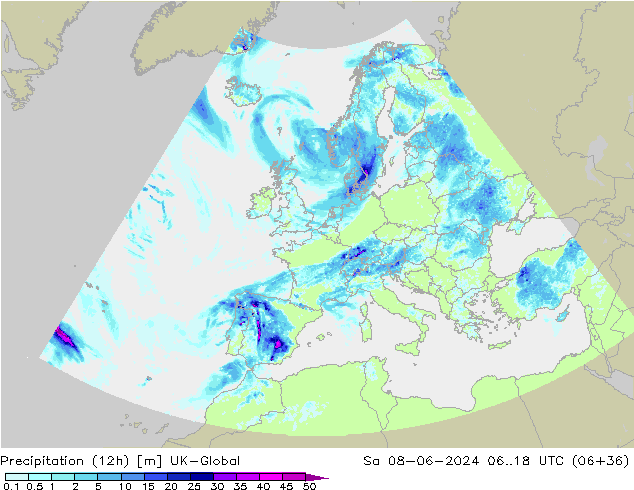 Precipitation (12h) UK-Global Sa 08.06.2024 18 UTC