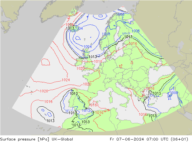 Pressione al suolo UK-Global ven 07.06.2024 07 UTC