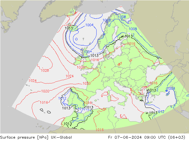 Presión superficial UK-Global vie 07.06.2024 09 UTC