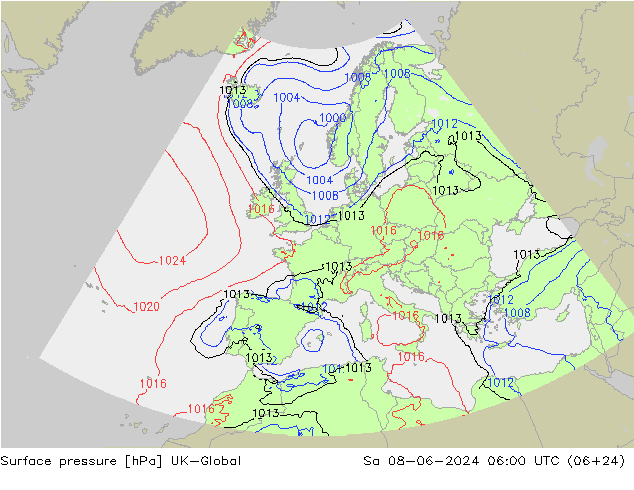 Pressione al suolo UK-Global sab 08.06.2024 06 UTC