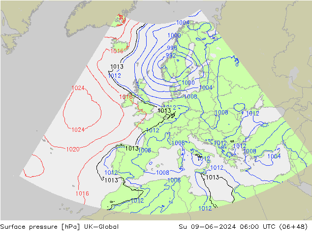 Pressione al suolo UK-Global dom 09.06.2024 06 UTC