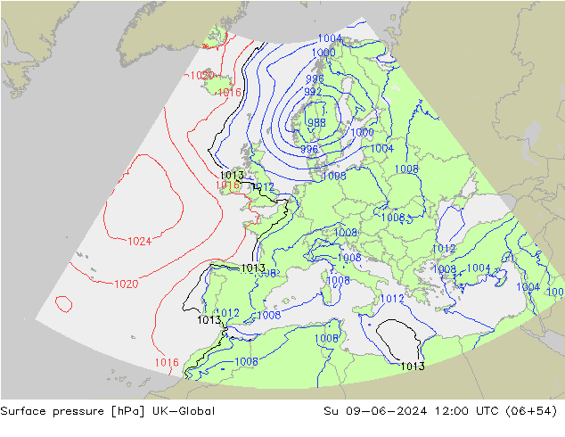 Surface pressure UK-Global Su 09.06.2024 12 UTC