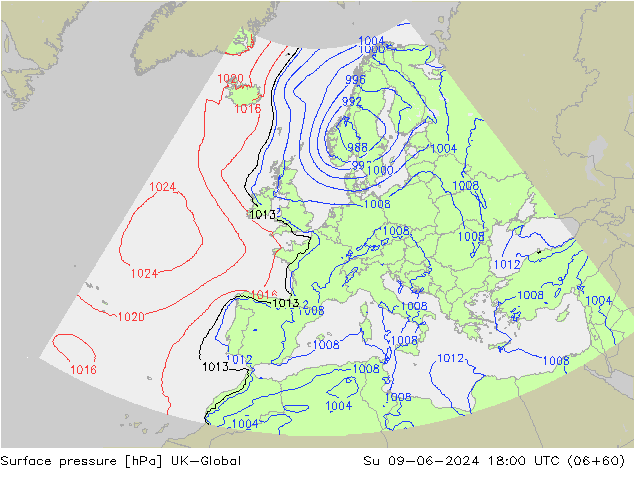 Pressione al suolo UK-Global dom 09.06.2024 18 UTC