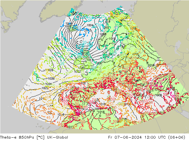 Theta-e 850hPa UK-Global Cu 07.06.2024 12 UTC