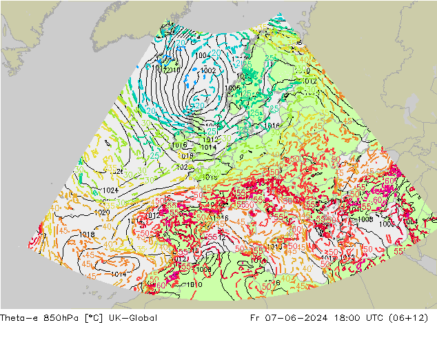 Theta-e 850hPa UK-Global Pá 07.06.2024 18 UTC