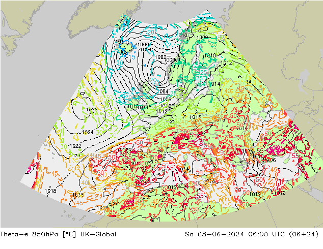 Theta-e 850hPa UK-Global Sa 08.06.2024 06 UTC