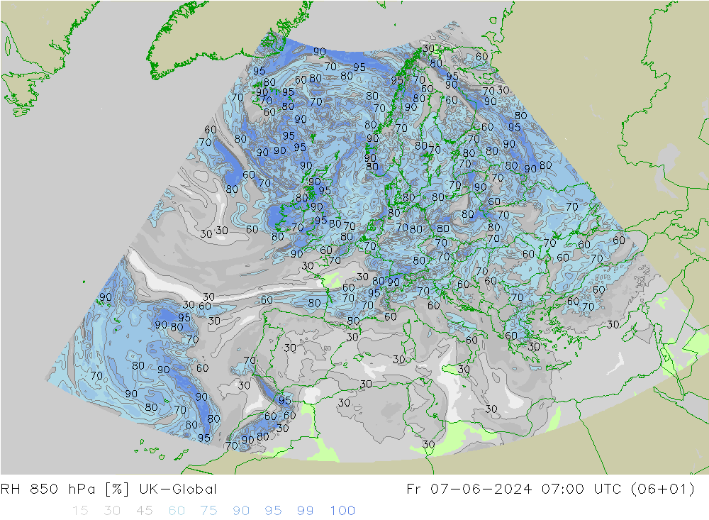 RH 850 гПа UK-Global пт 07.06.2024 07 UTC