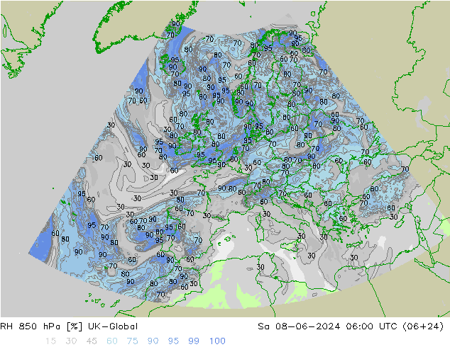 Humedad rel. 850hPa UK-Global sáb 08.06.2024 06 UTC